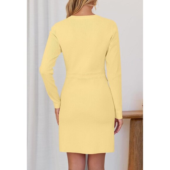 Fall 25 Long Sleeve Bodycon Light Yellow Sweater Dress Women Winter Formal Mini - Picture 4 of 6